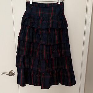 Tiered Plaid Midi Skirt - Navy and Red